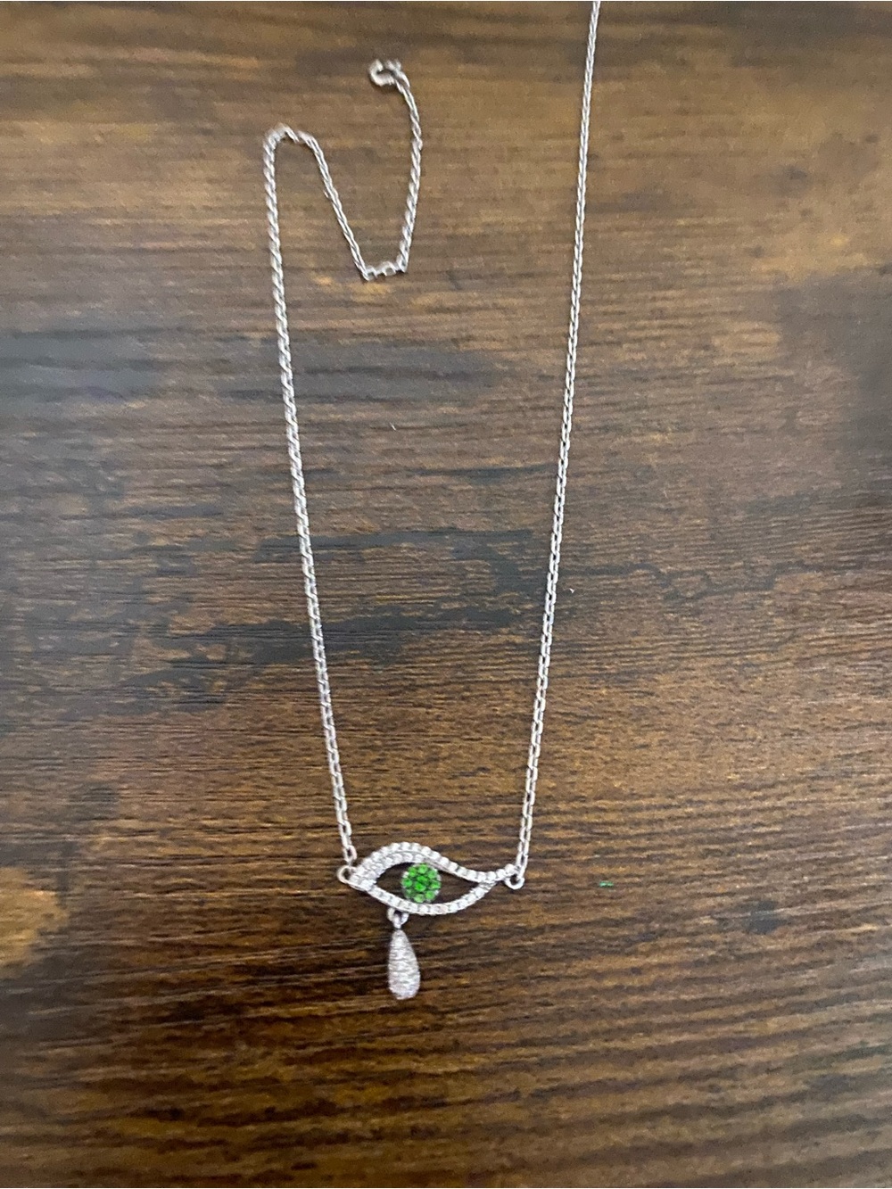 Sterling-Tone Necklace with Green Eye Gem Pendant